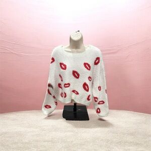 Francesca's Collections White Sweater with Red Lip Prints